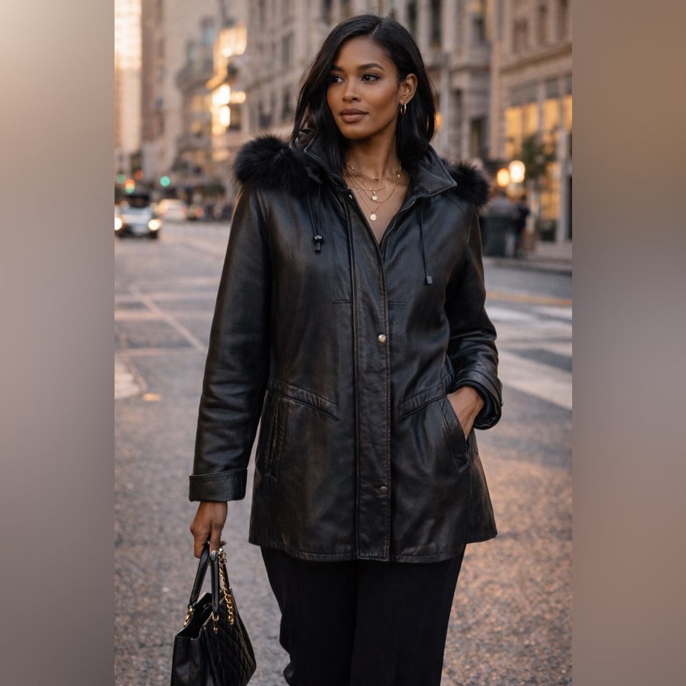 Bod & Christensen Black Leather Coat Size L Quilted Lined Hooded Jacket